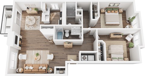 A top-down view of a modern, well-lit, and spacious apartment with a kitchen, living room, and bedrooms.